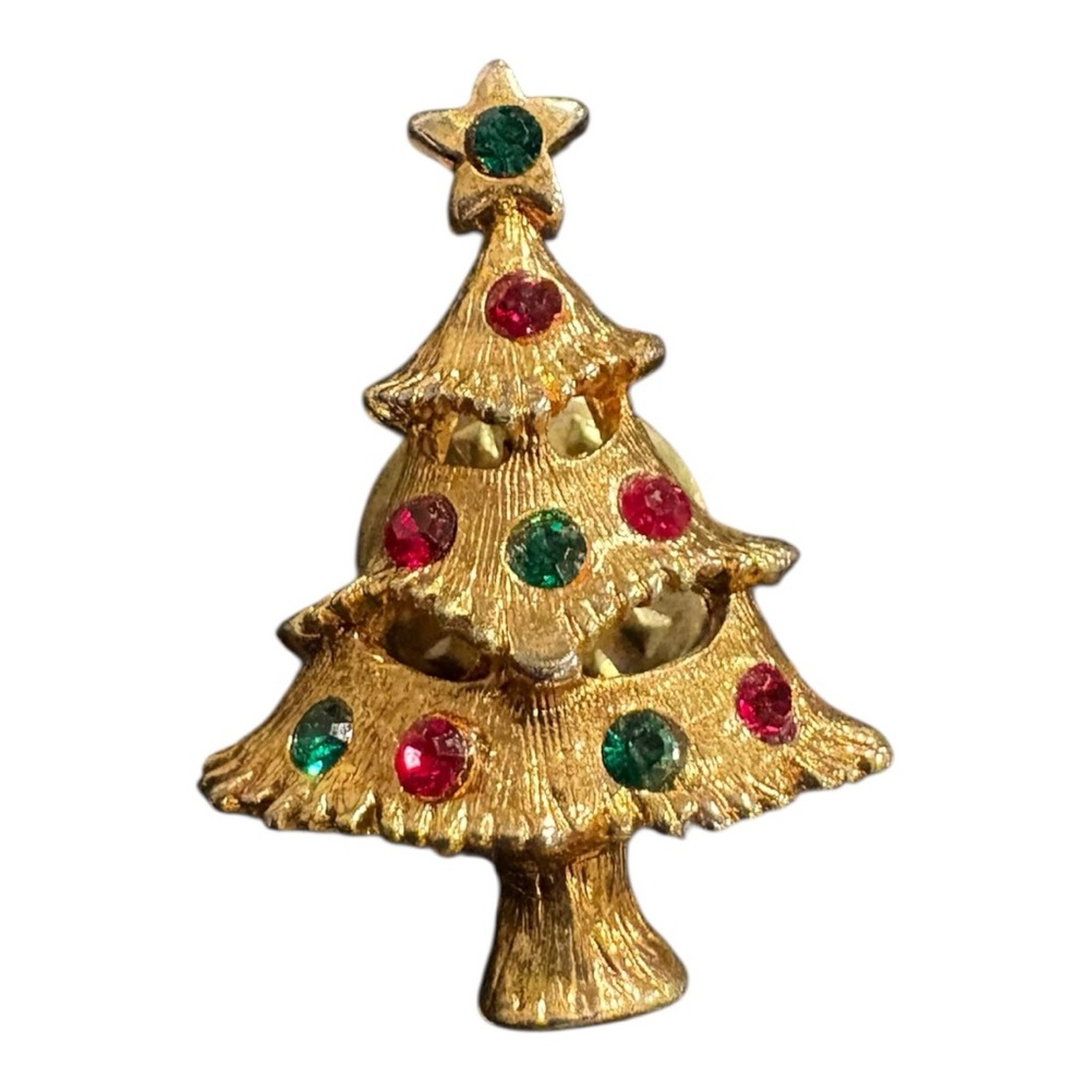 Eisenberg Ice Vintage Christmas Tree Brooch Gold Tone Red Green Rhinestones J19